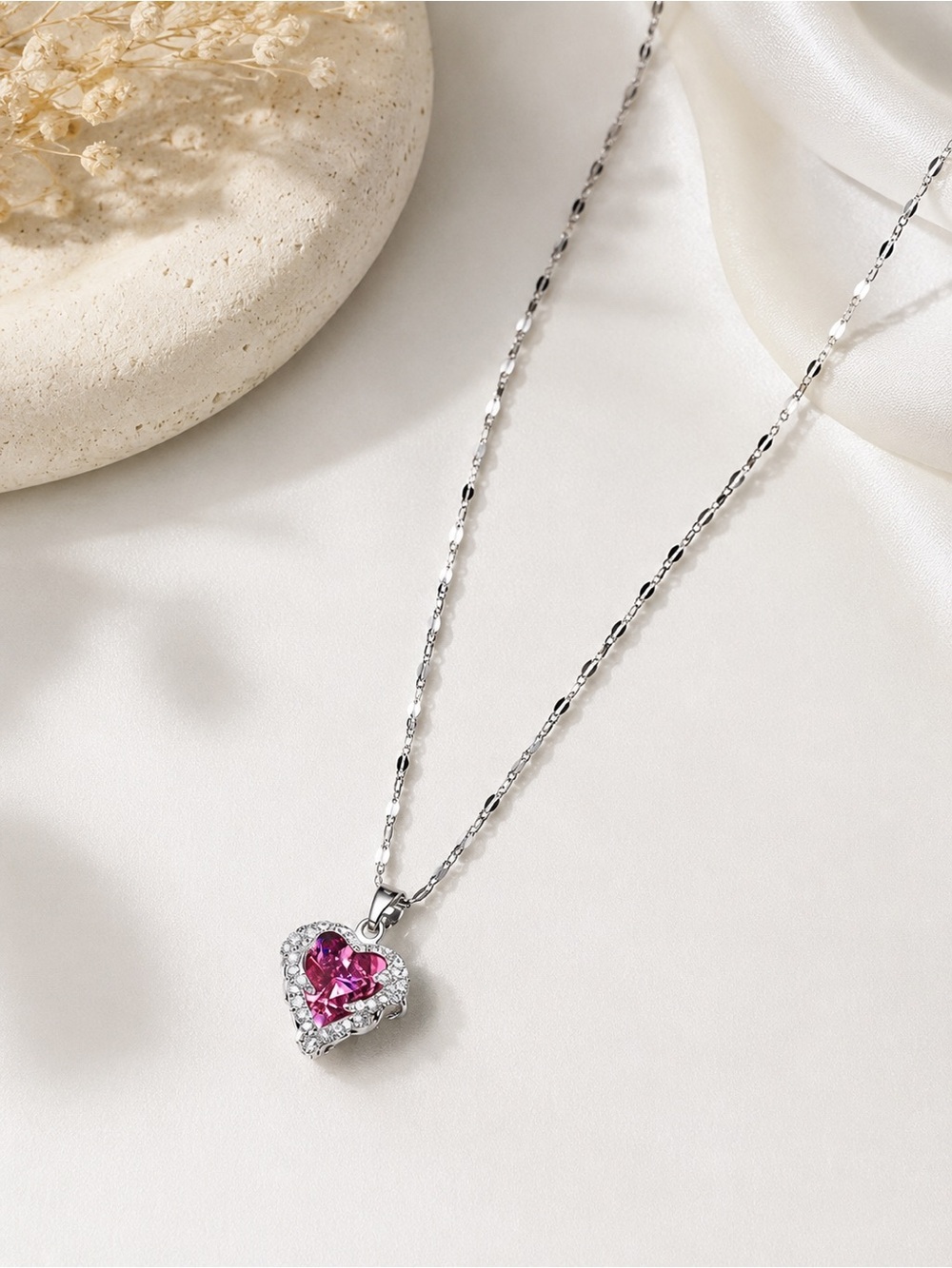 Crystal Heart Pendant Necklace Stainless Steel Adjustable Chain